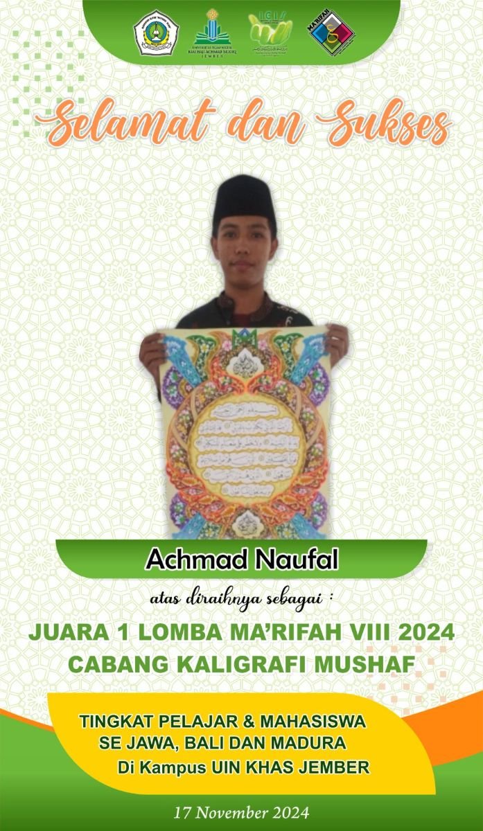 Juara 1 lomba Kaligrafi Cabang Mushaf ma'rifah VIII 2024 di jember